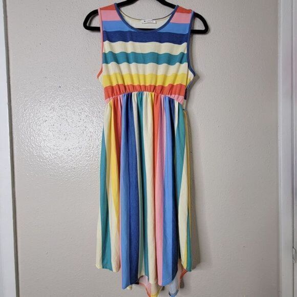 3 / $30 Bombom USA Dress Large Blue Stripe Colorful Knit Elastic Waist - Picture 1 of 9